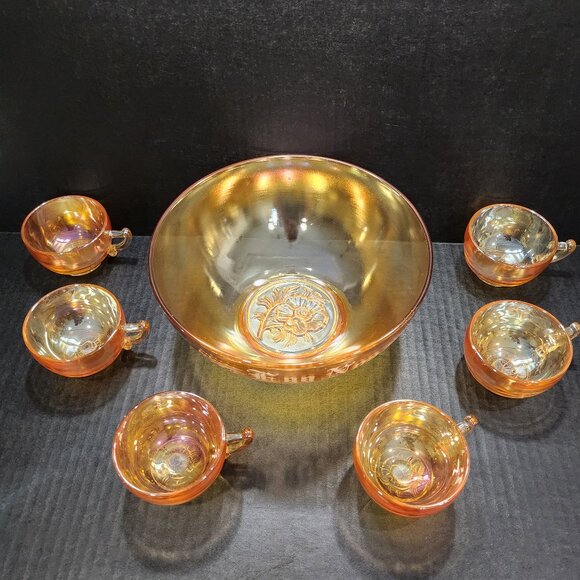 Jeanette Glass Peach/Gold Luster "Egg Nog" Punch Bowl With 6 Cups Carnival Glass - Picture 2 of 12
